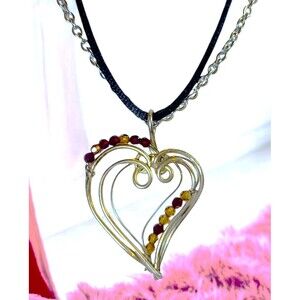 Vintage Silver Tone Wire Heart Crystal Bead Pendant Double Strand Necklace 18"